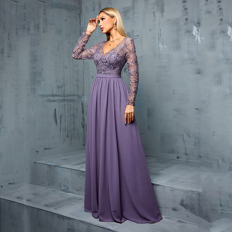Elegant Long Sleeve Floral A-Line Evening Gown (Orchid) (Made To Order)