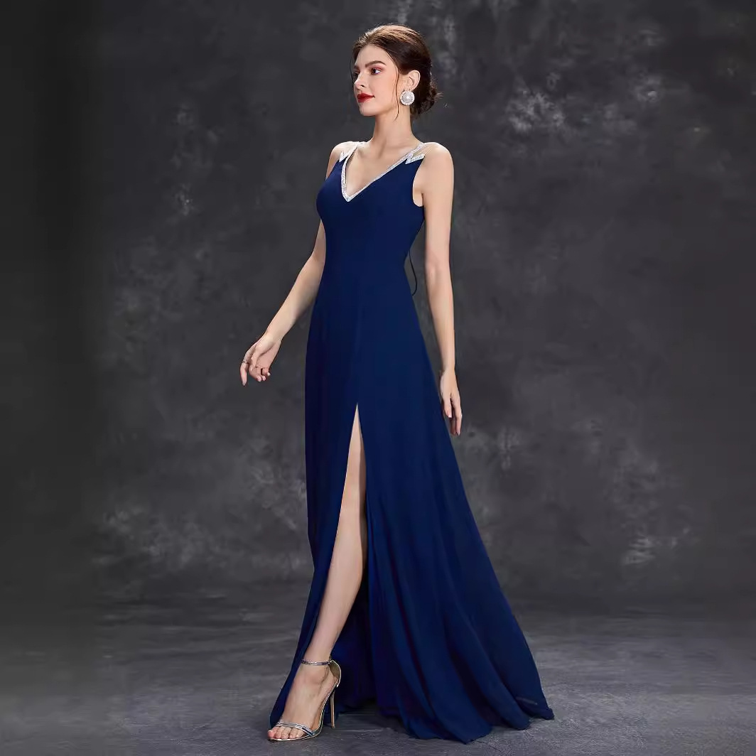 Backless V-Neck A-Line With Slit Dress (Blue) (Made To Order)