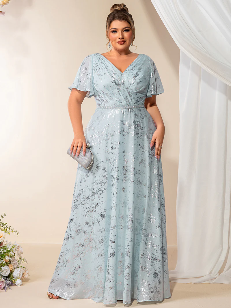 Plus Size Short Sleeve Ruffle A-Line  Evening Dresses (Light Blue) (Made To Order)
