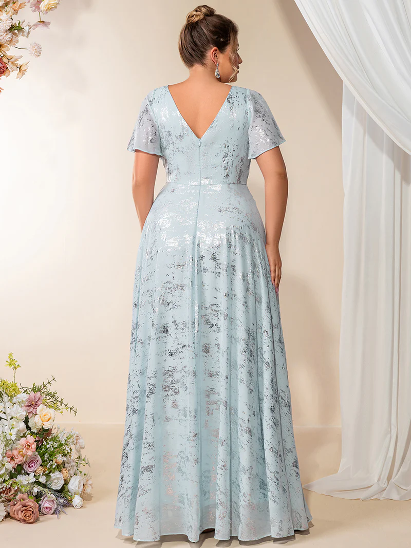 Plus Size Short Sleeve Ruffle A-Line  Evening Dresses (Light Blue) (Made To Order)