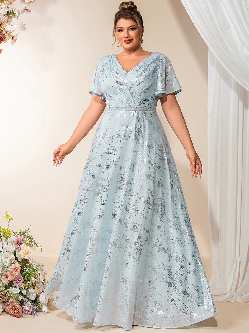 Plus Size Short Sleeve Ruffle A-Line  Evening Dresses (Light Blue) (Made To Order)