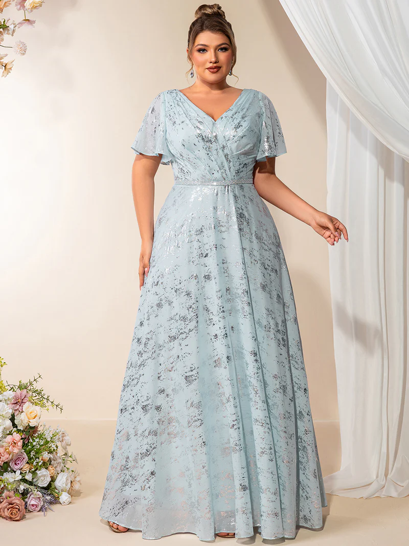 Plus Size Short Sleeve Ruffle A-Line  Evening Dresses (Light Blue) (Made To Order)