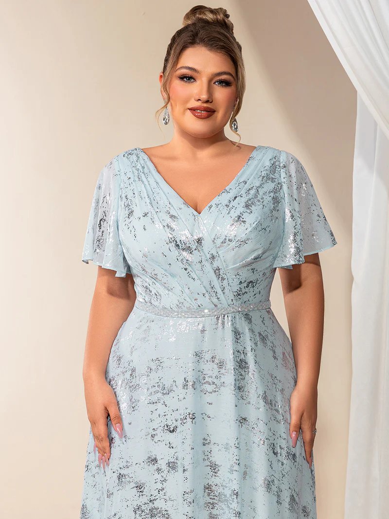 Plus Size Short Sleeve Ruffle A-Line  Evening Dresses (Light Blue) (Made To Order)