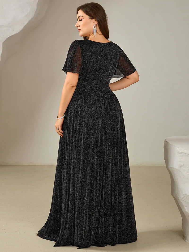 Short Sleeve Ruffle Sequin Round Neck A-Line Evening Gown (Black) (Made To Order)
