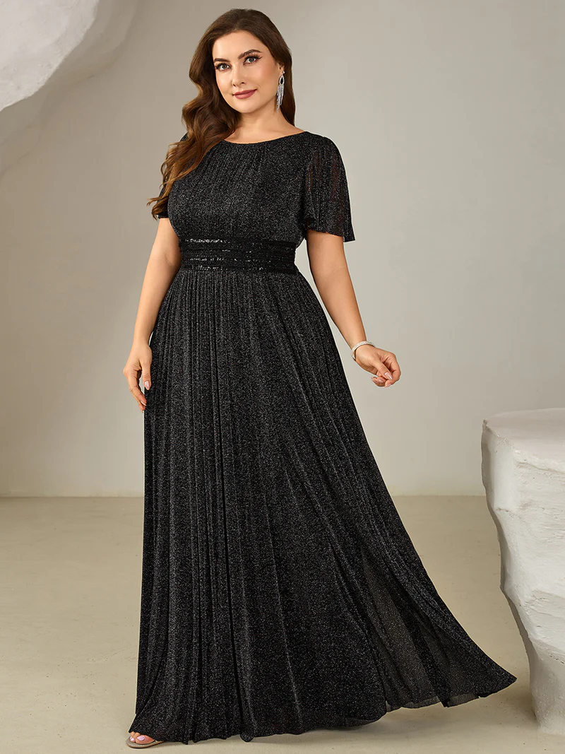Short Sleeve Ruffle Sequin Round Neck A-Line Evening Gown (Black) (Made To Order)