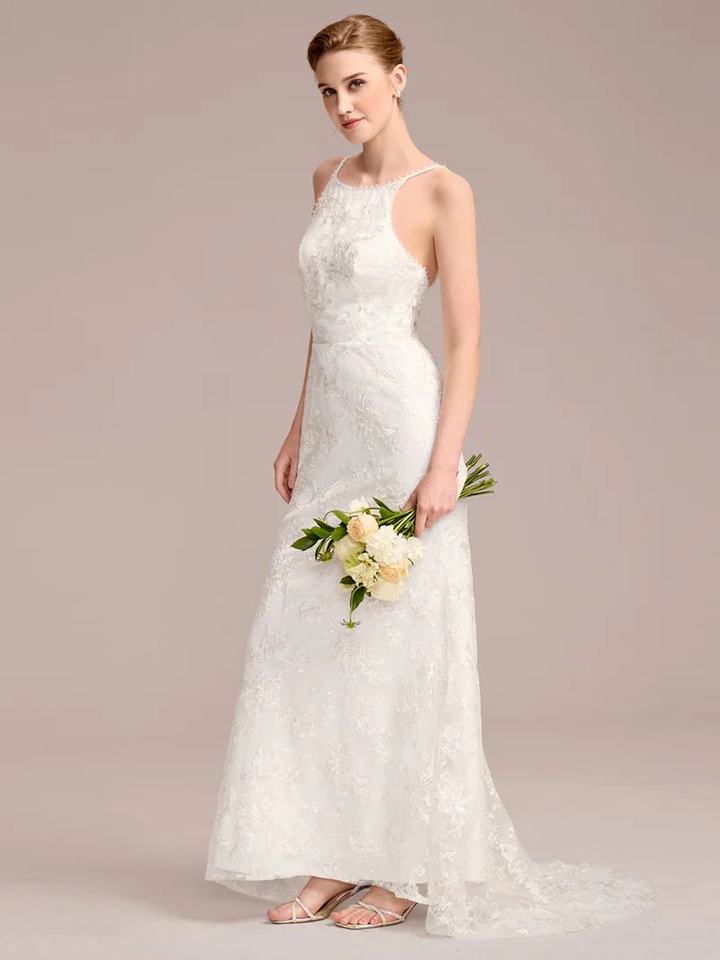 Spaghetti Strap Open-Back Lace Floor-Length Bridal Dress (White) (Made To Order)