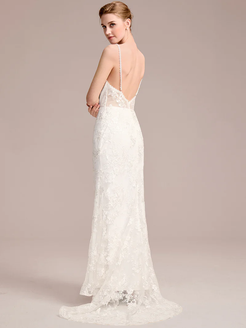 Spaghetti Strap Open-Back Lace Floor-Length Bridal Dress (White) (Made To Order)