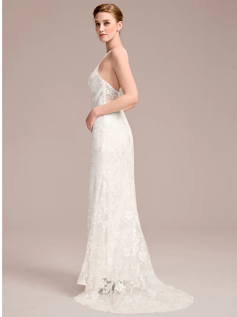 Spaghetti Strap Open-Back Lace Floor-Length Bridal Dress (White) (Made To Order)