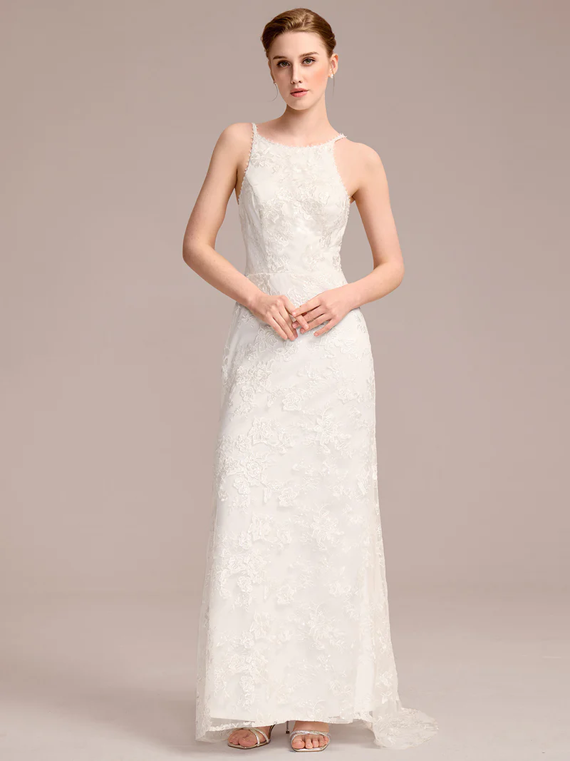 Spaghetti Strap Open-Back Lace Floor-Length Bridal Dress (White) (Made To Order)