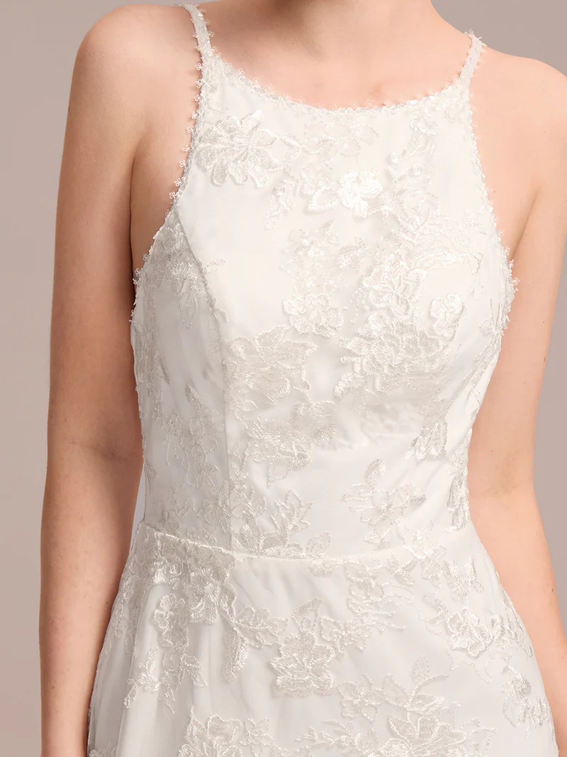 Spaghetti Strap Open-Back Lace Floor-Length Bridal Dress (White) (Made To Order)