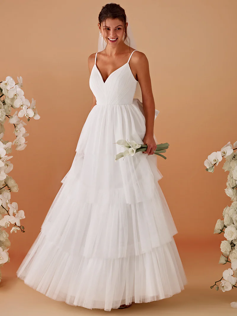 Romantic Tulle Layered Wedding Spaghetti Straps Gown (White) (Made To Order)