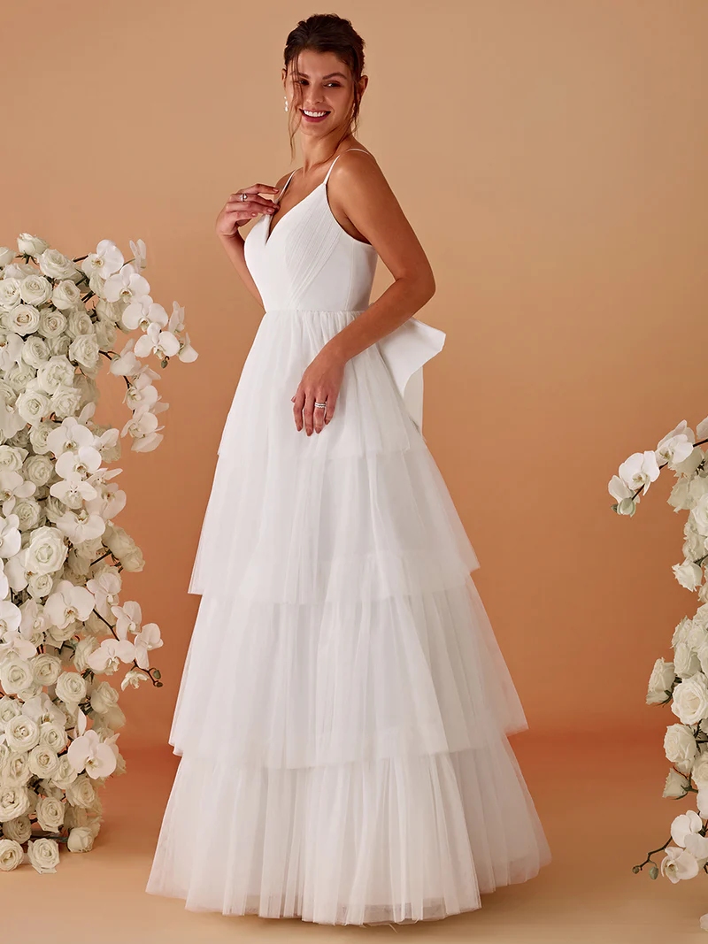 Romantic Tulle Layered Wedding Spaghetti Straps Gown (White) (Made To Order)