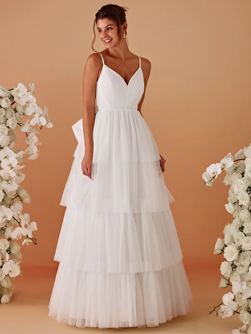 Romantic Tulle Layered Wedding Spaghetti Straps Gown (White) (Made To Order)