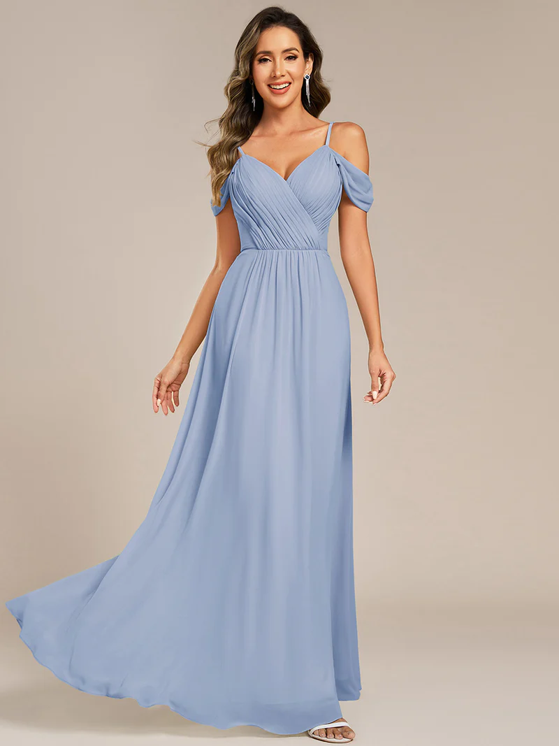 Droppy Sleeve A-Line Chiffon Long Dress (Light Blue) (Made To Order)