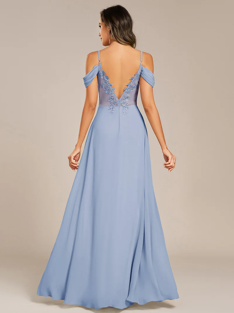 Droppy Sleeve A-Line Chiffon Long Dress (Light Blue) (Made To Order)