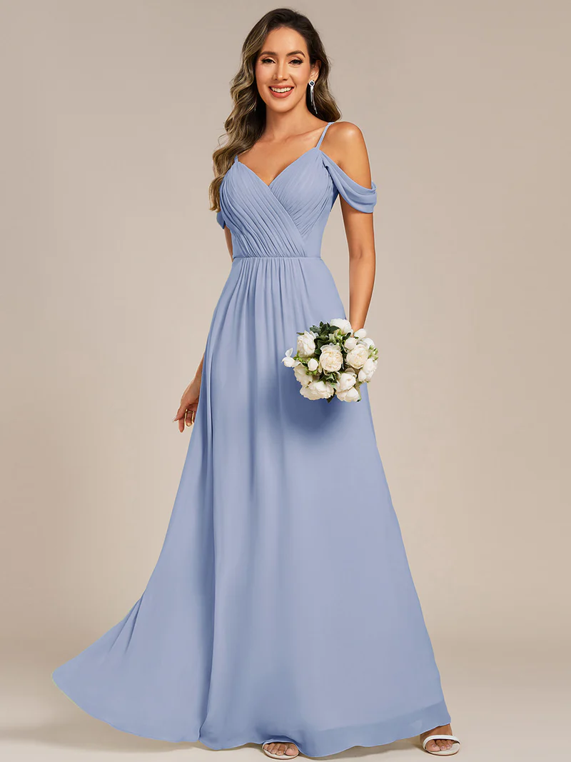 Droppy Sleeve A-Line Chiffon Long Dress (Light Blue) (Made To Order)