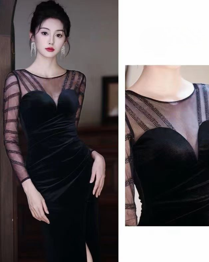 Sexy Black Mesh Long Sleeve Dinner Gown (Retail)