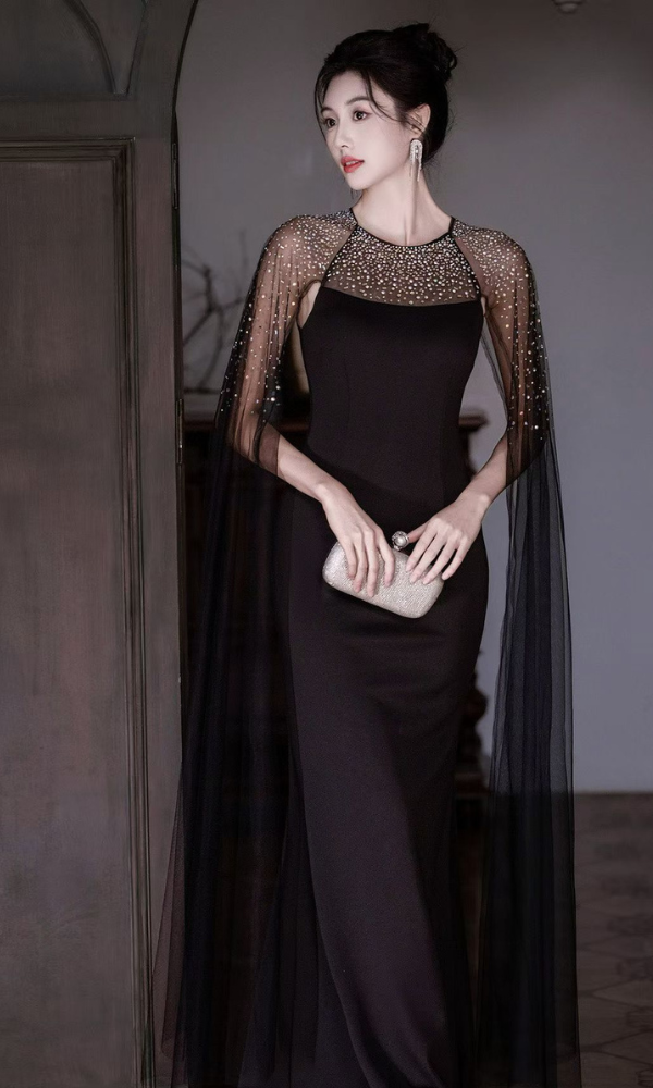 Elegant Black Crystal Cape Evening Gown (Black) (Retail)