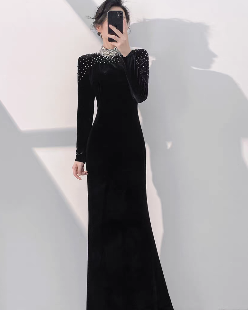 High Neck Long Sleeve Velvet Black Evening Gown (Made To Order) 