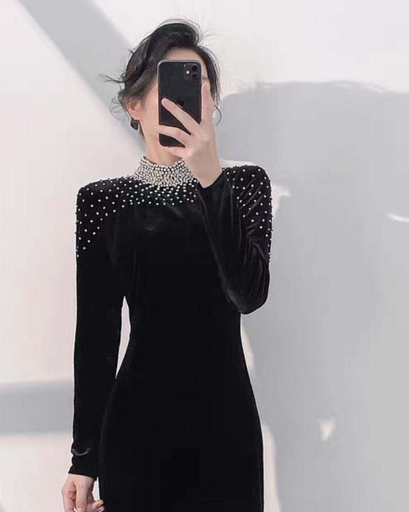 High Neck Long Sleeve Velvet Black Evening Gown (Made To Order) 