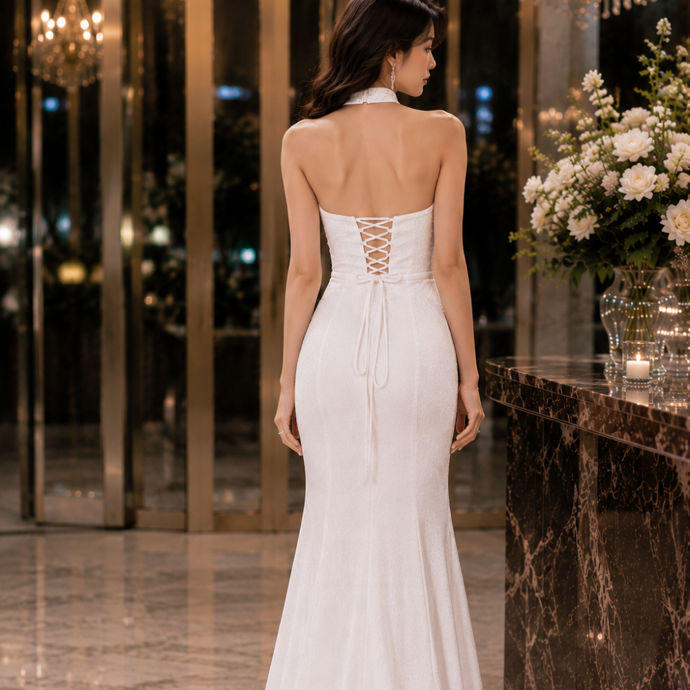 Halter Rhinestone Bodyfit Evening Gown (White) (Retail)