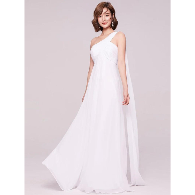 One Shoulder Pleated Chiffon Long Evening Gown (White) (Retail)