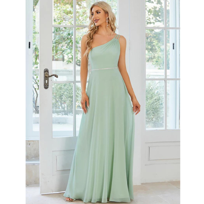 One Side Shoulder A-Line Evening Gown (Mint) (Made To Order)