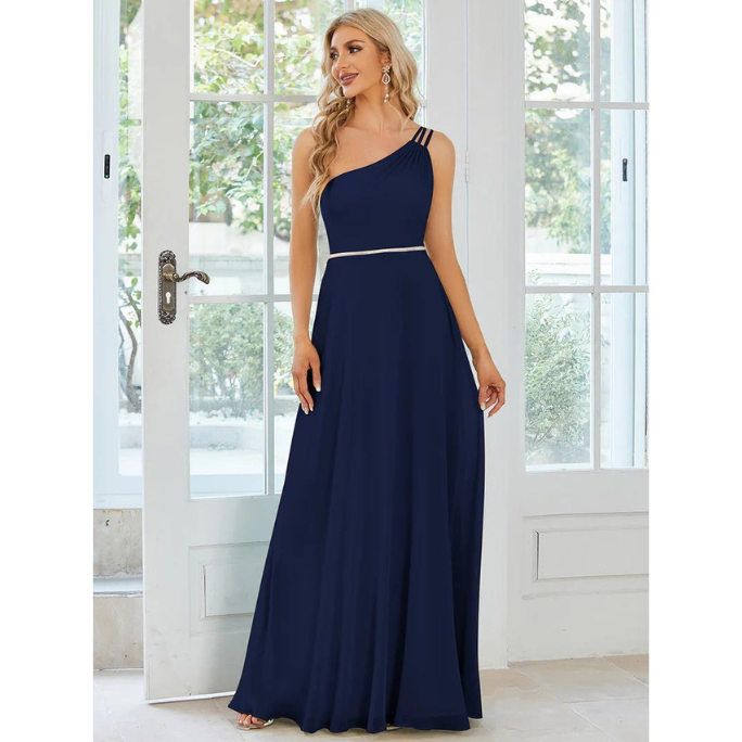 One Side Shoulder A-Line Evening Gown (Navy Blue) (Made To Order)