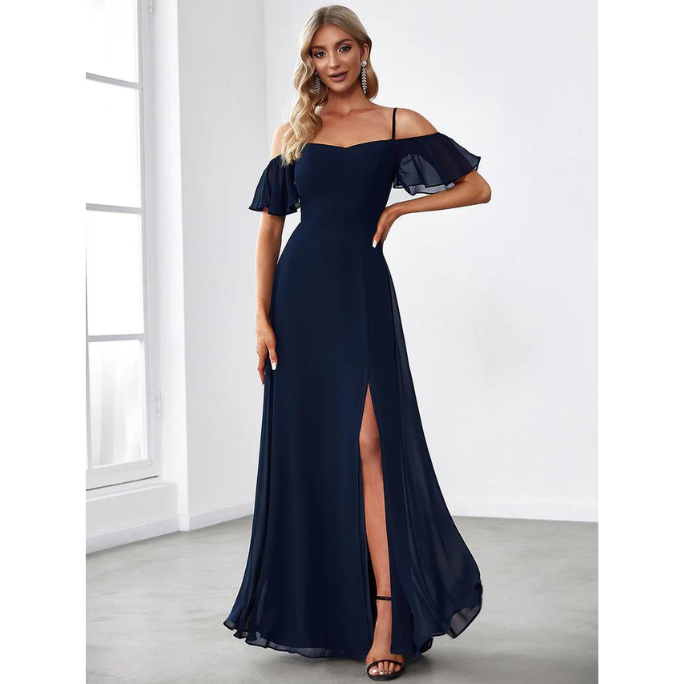 Cold Shoulder A-Line Slit Evening Gown (Navy Blue) (Retail)