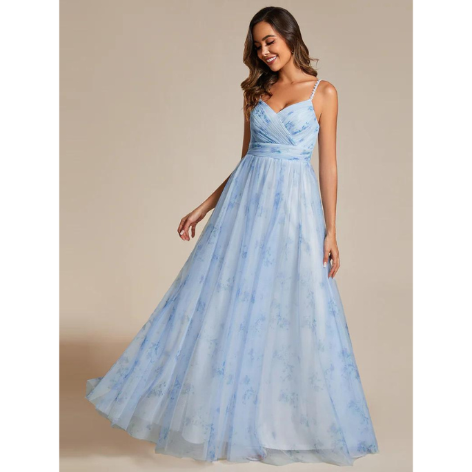 Spaghetti Floral Tulle Flare Gown (Light Blue) (Made To Order)