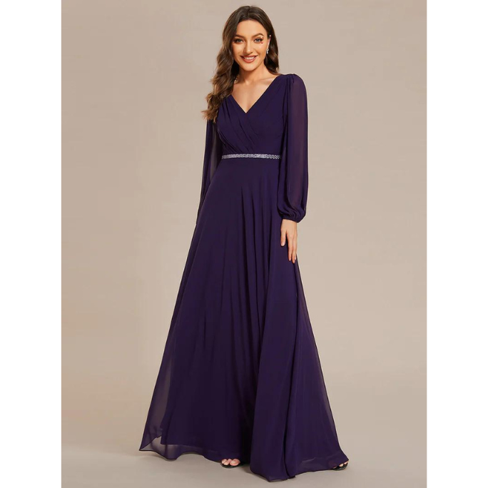 Elegant Long Sleeve Chiffon Evening Gown (Purple) (Retail)