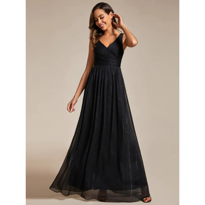 Glittery Pleated Empire Waist Sleeveless Formal Evening Dress (Black) (Made To Order)