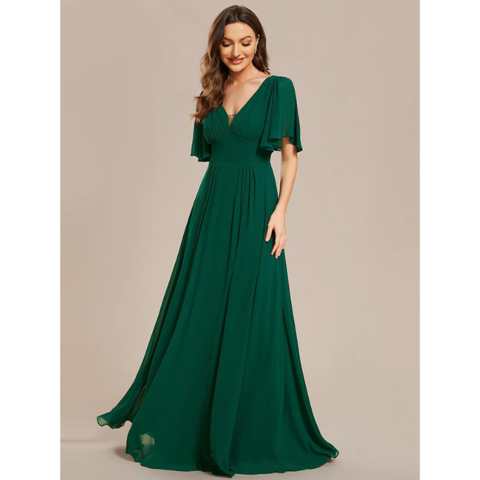 Short Sleeves Chiffon Empire Waist A-Line Dinner Dress (Green) (Made To Order)