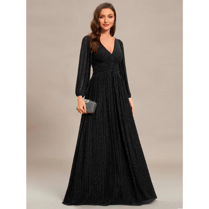 Long Sleeve Pleated Designs Evening Gown (Black) (Retail)