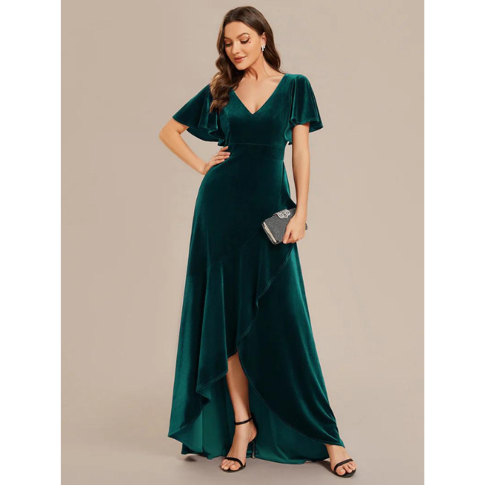Short Sleeve Ruffles High Low Evening Dress (Green) (Retail)
