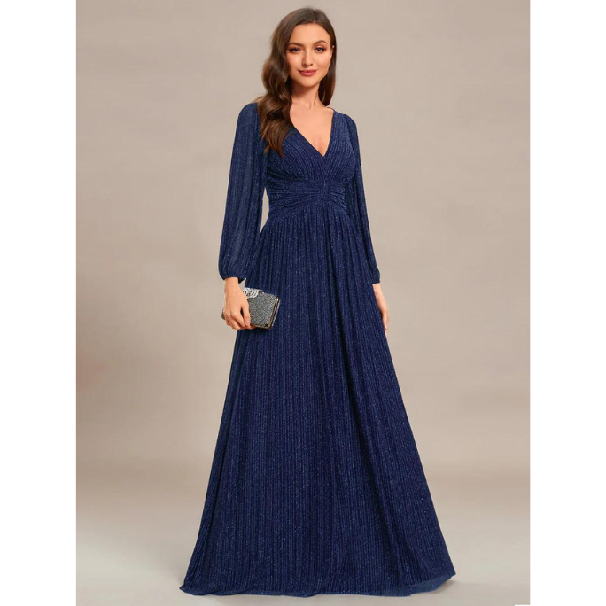 Long Sleeve Pleated Designs Evening Gown (Navy Blue) (Made To Order)