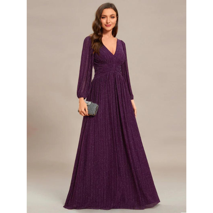 Long Sleeve Pleated Designs Evening Gown (Purple) (Retail)
