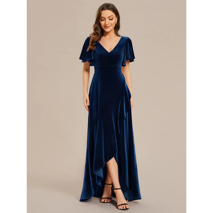 Short Sleeve Ruffles High Low Evening Dress (Navy Blue) (Made To Order)