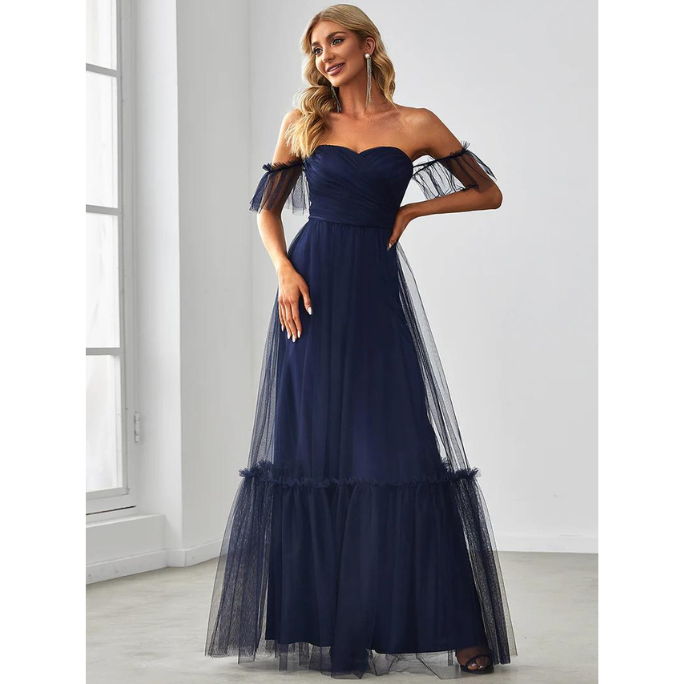 Strapless A Line Ruffles Sleeves Evening Dresses (Navy Blue) (Retail)