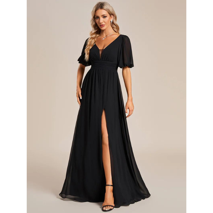 Puffy Sleeves With High Slit Evening Dress (Black) (Retail)