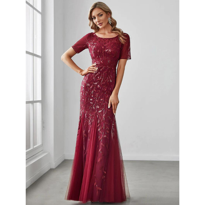 Plus Size Floral Short Sleeve Sequin Mermaid Evening Gown (Maroon) (Made To Order)
