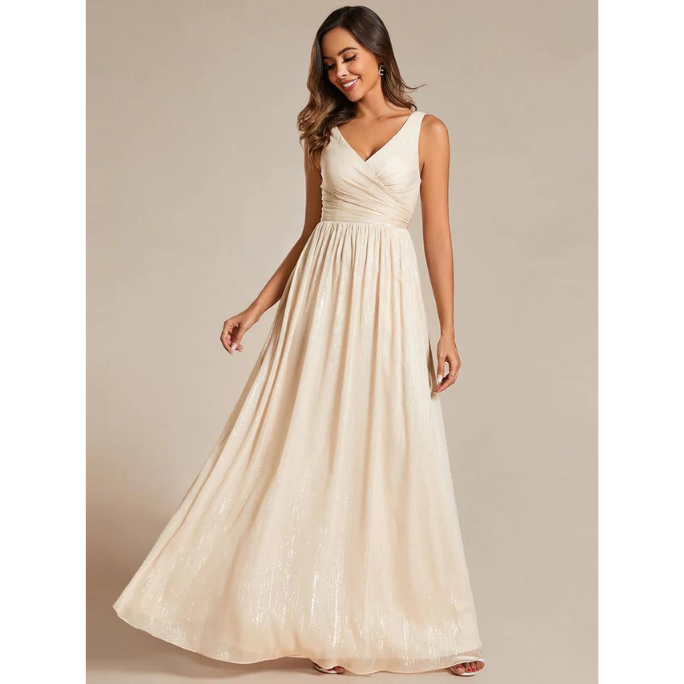 Sleeveless Glittery V-Neck Evening Dress (Champagne) (Retail)
