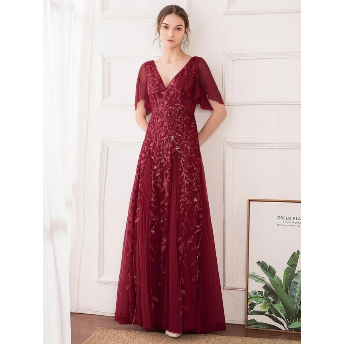 Shimmery V Neck Ruffle Sleeves Evening Gown (Burgundy) (Retail)