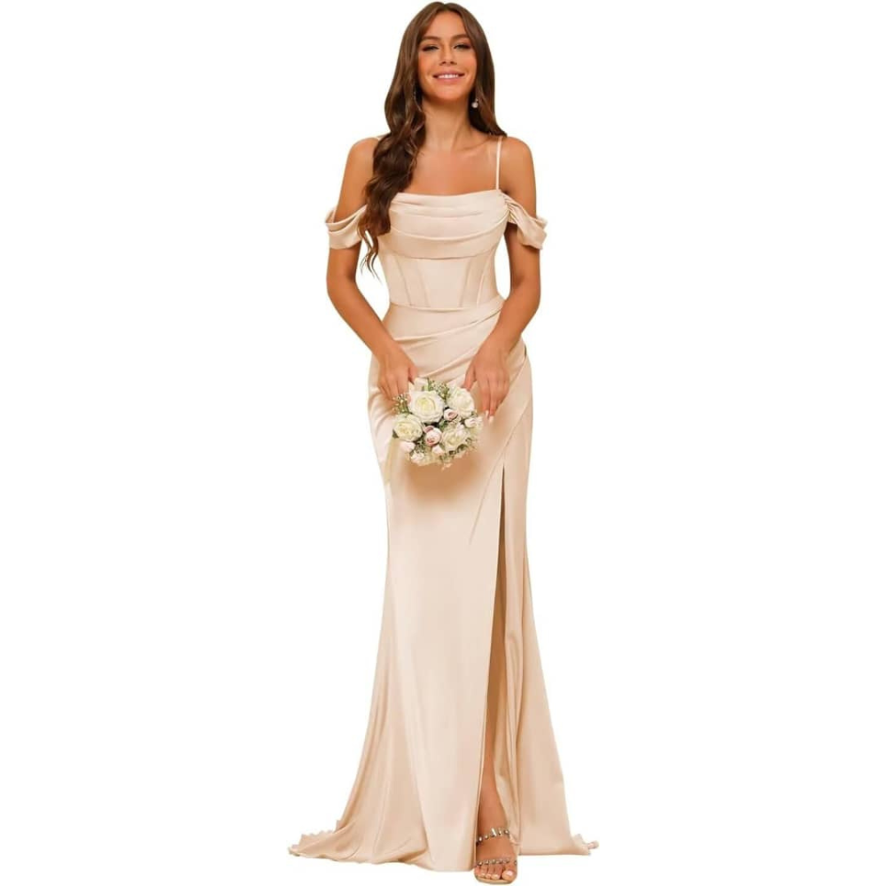 Cold shoulder With Pleated Design Gown (Gold) (Made To Order)