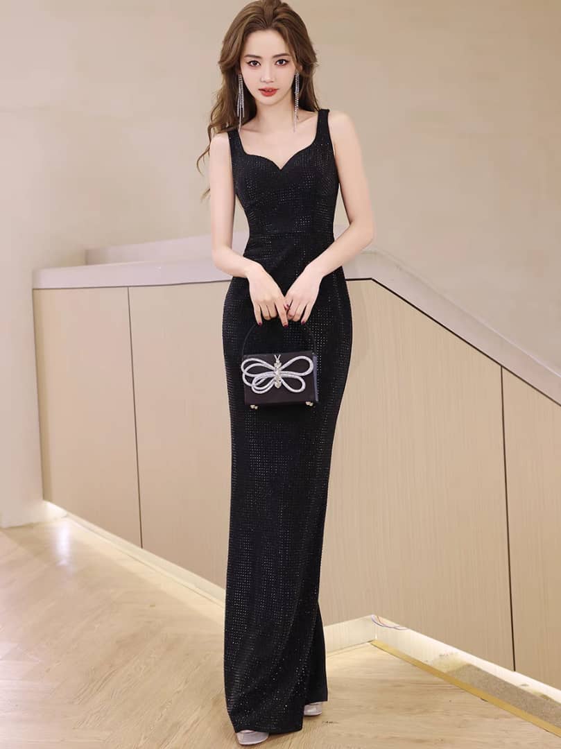 Sweetheart Beaded Slim Long Evening Gown (Black) (Made To Order) 