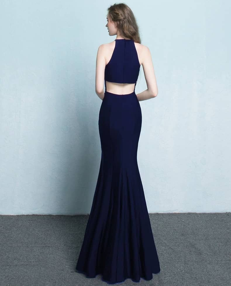 Halter Neck with Open Back Waist Fitted Bodycon Gown (Navy Blue) (Made To Order)