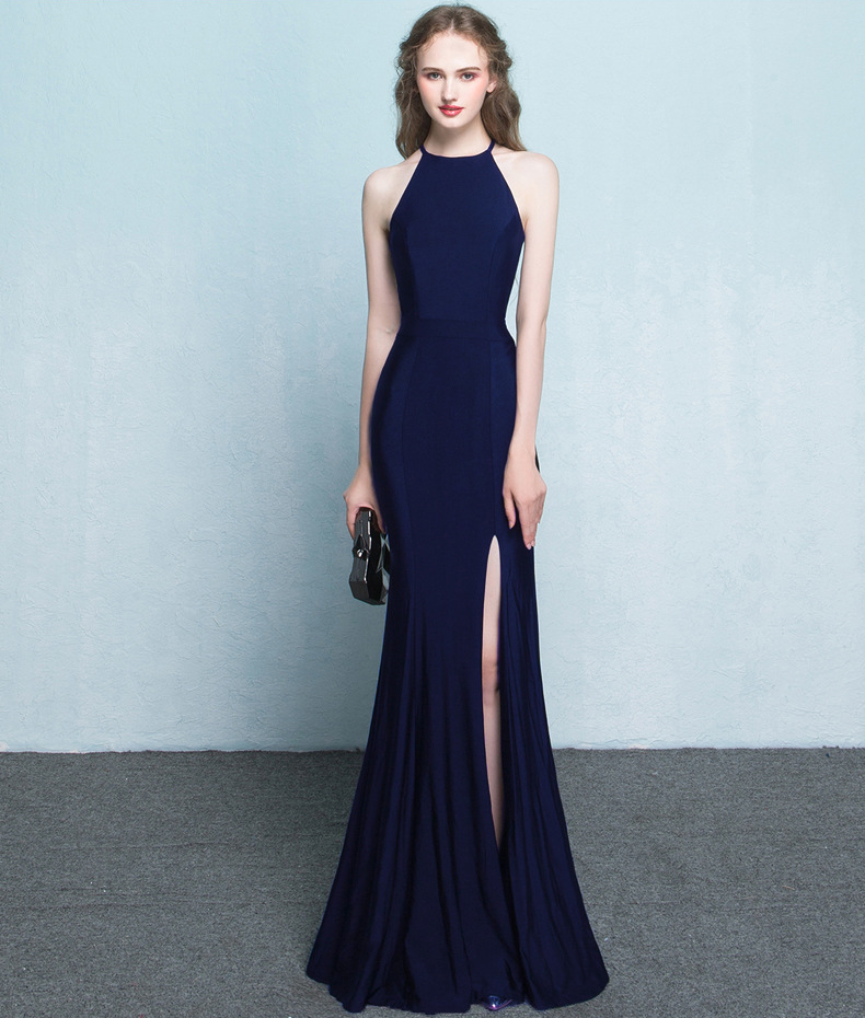 Halter Neck with Open Back Waist Fitted Bodycon Gown (Navy Blue) (Made To Order)