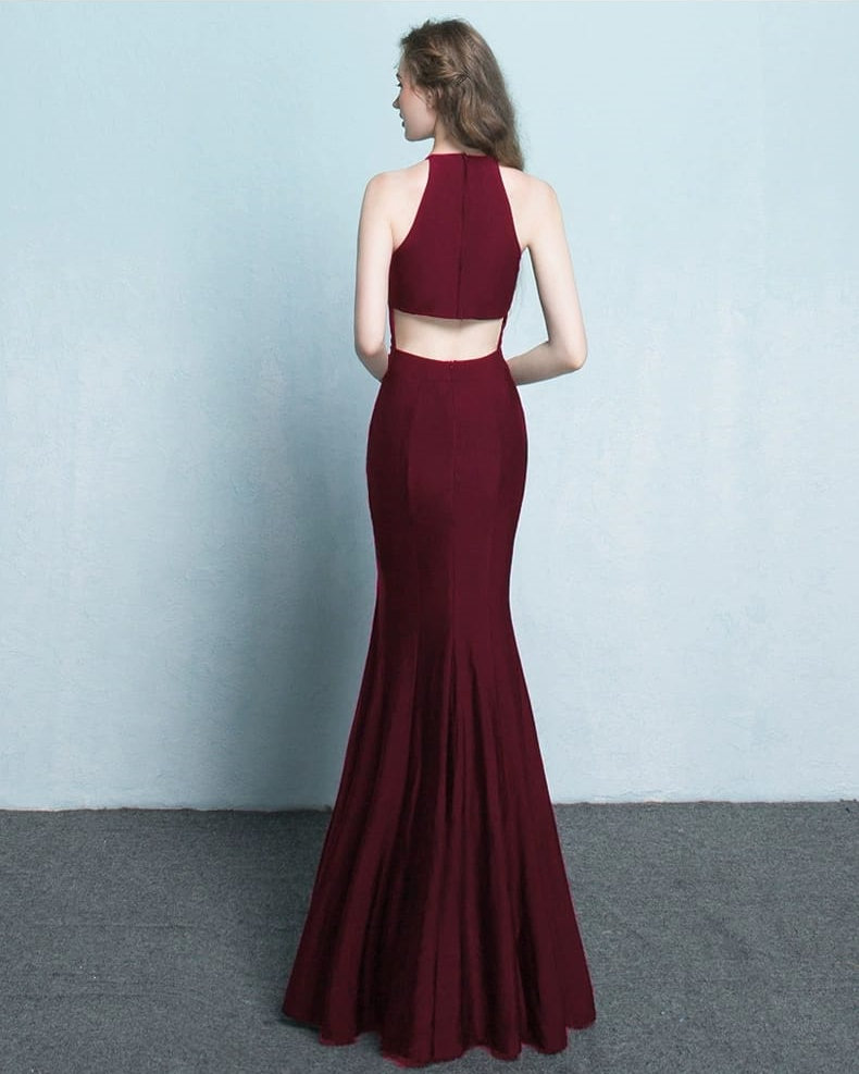 Halter Neck with Open Back Waist Fitted Bodycon Gown (Maroon) (Made To Order)