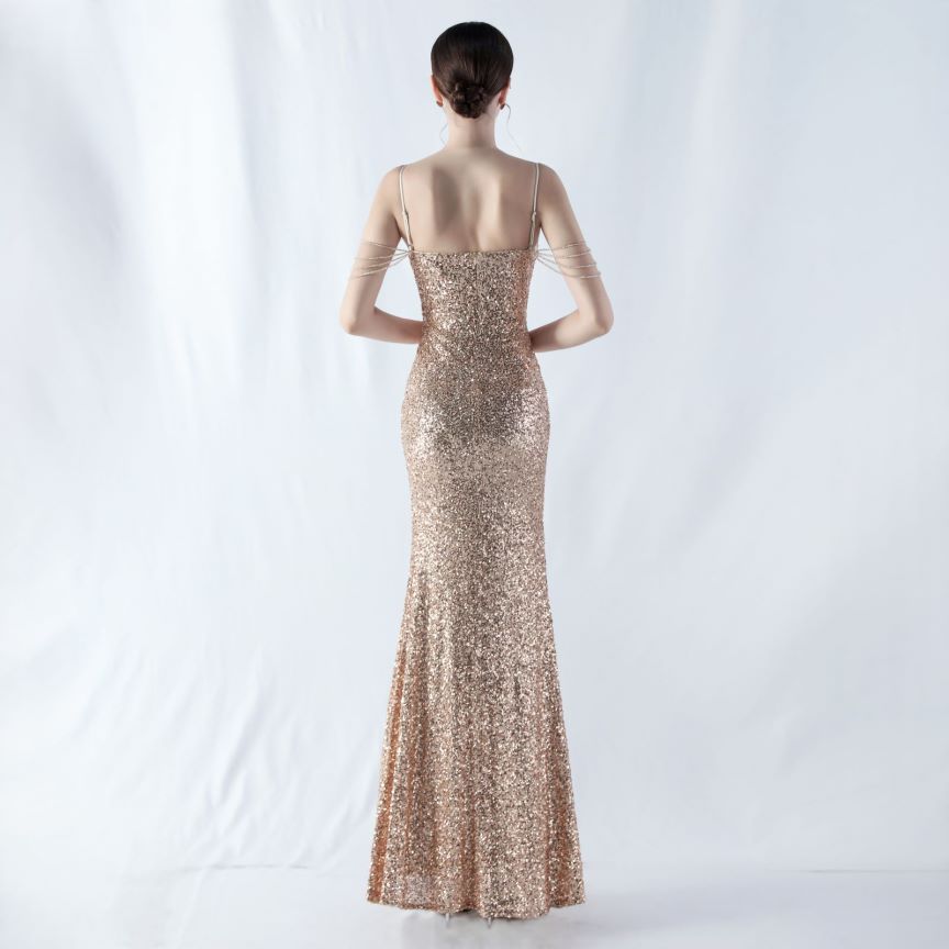 Spaghetti Padded Sequins Slit Gown (Gold) (Made To Order)