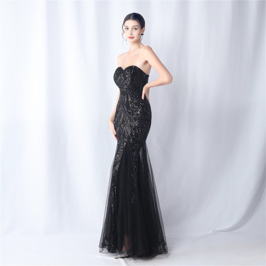 Strapless Sequins Frills Evening Gown (Black) (Made To Order)